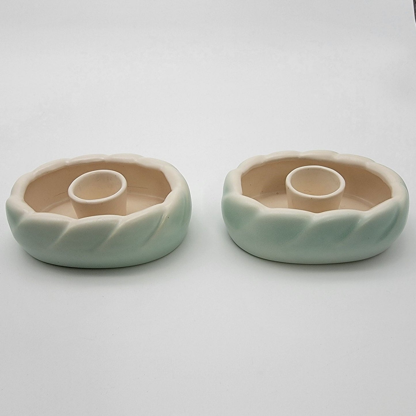 Vintage Roselane Pottery 3-Piece Console Set - Bowl/Vase & Candle Holders Mint Green & Cream