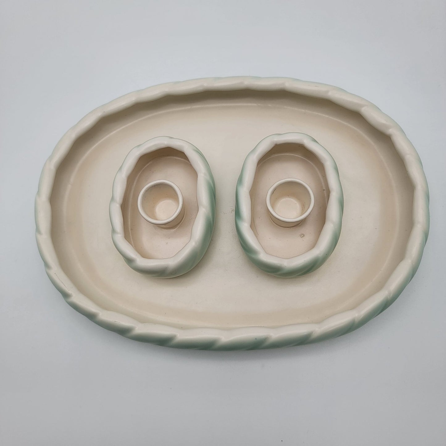 Vintage Roselane Pottery 3-Piece Console Set - Bowl/Vase & Candle Holders Mint Green & Cream