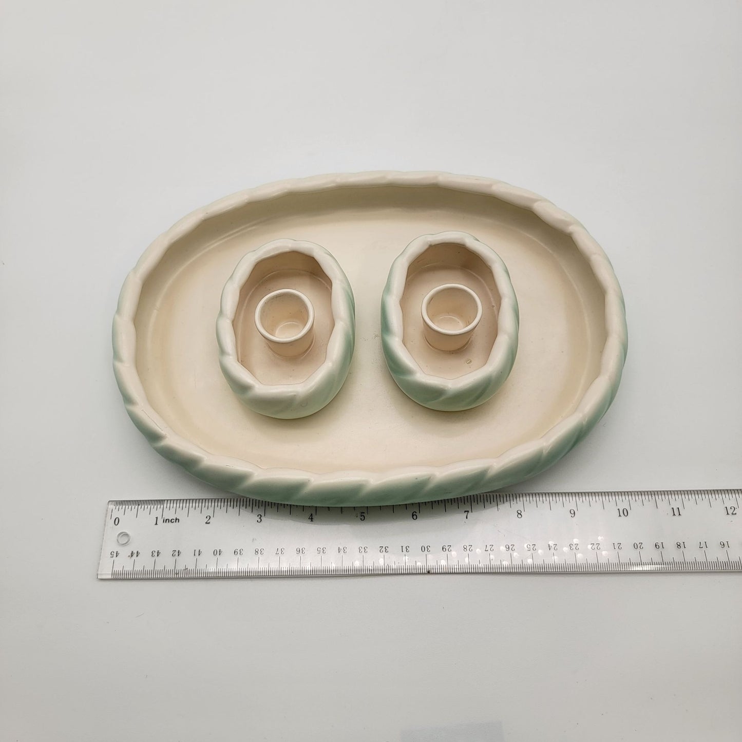 Vintage Roselane Pottery 3-Piece Console Set - Bowl/Vase & Candle Holders Mint Green & Cream