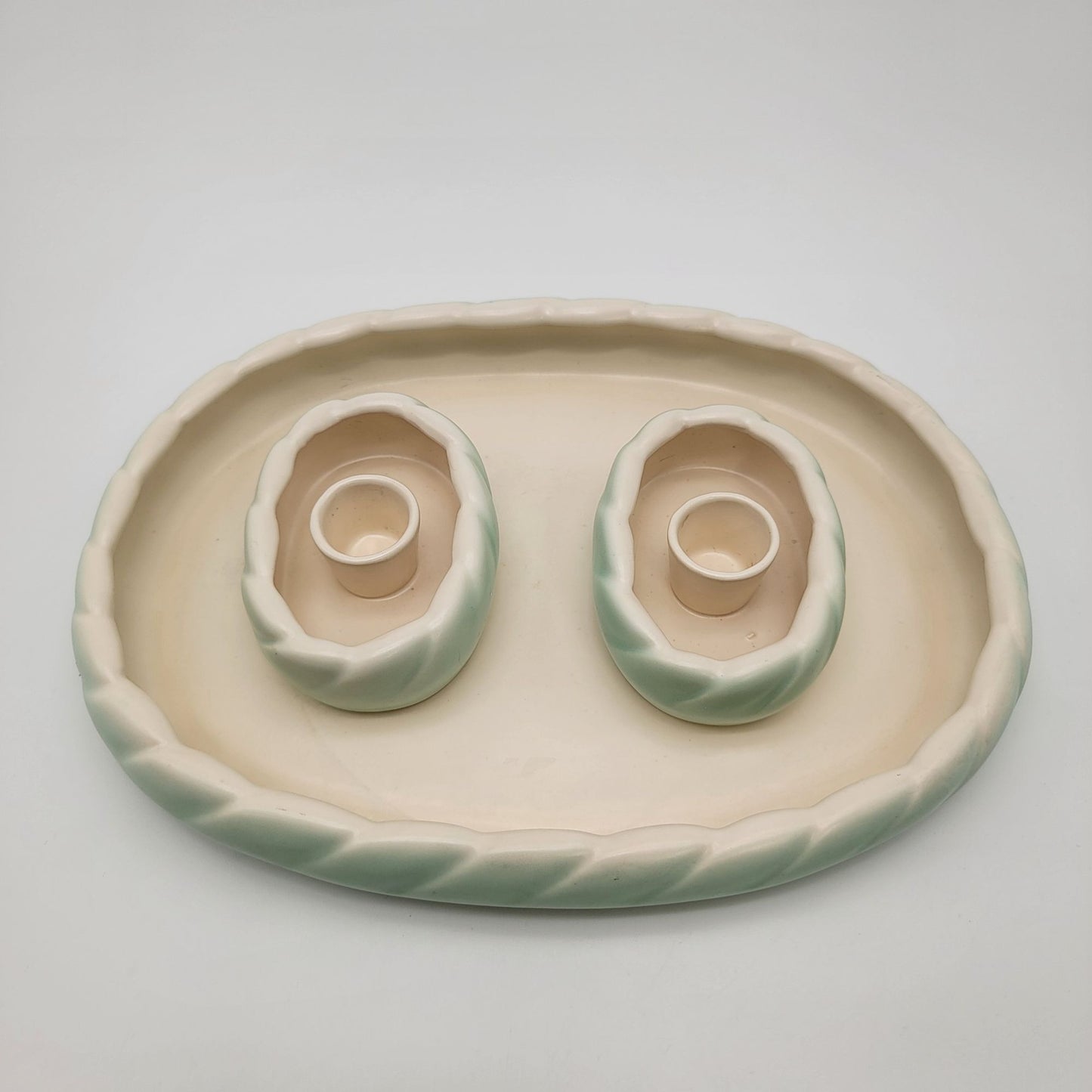 Vintage Roselane Pottery 3-Piece Console Set - Bowl/Vase & Candle Holders Mint Green & Cream