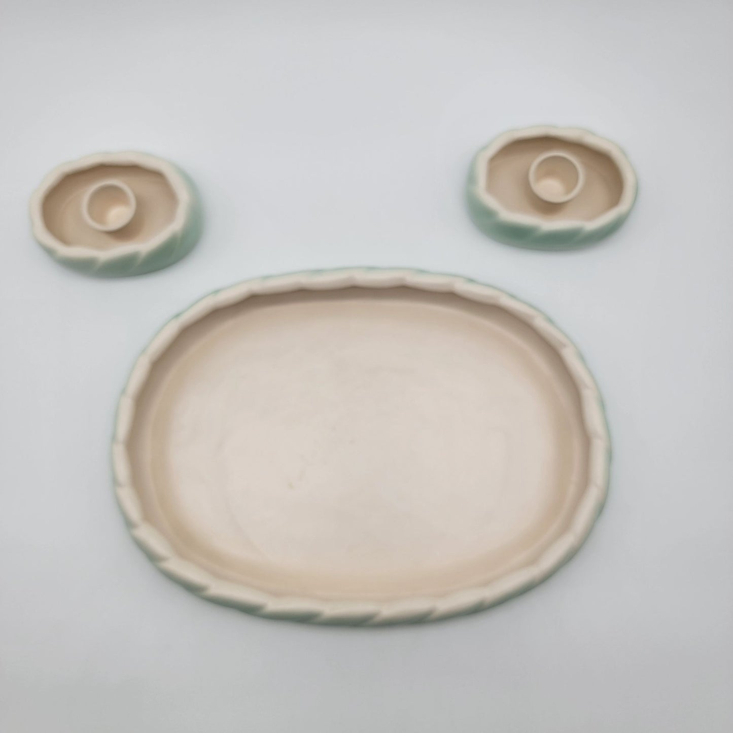 Vintage Roselane Pottery 3-Piece Console Set - Bowl/Vase & Candle Holders Mint Green & Cream