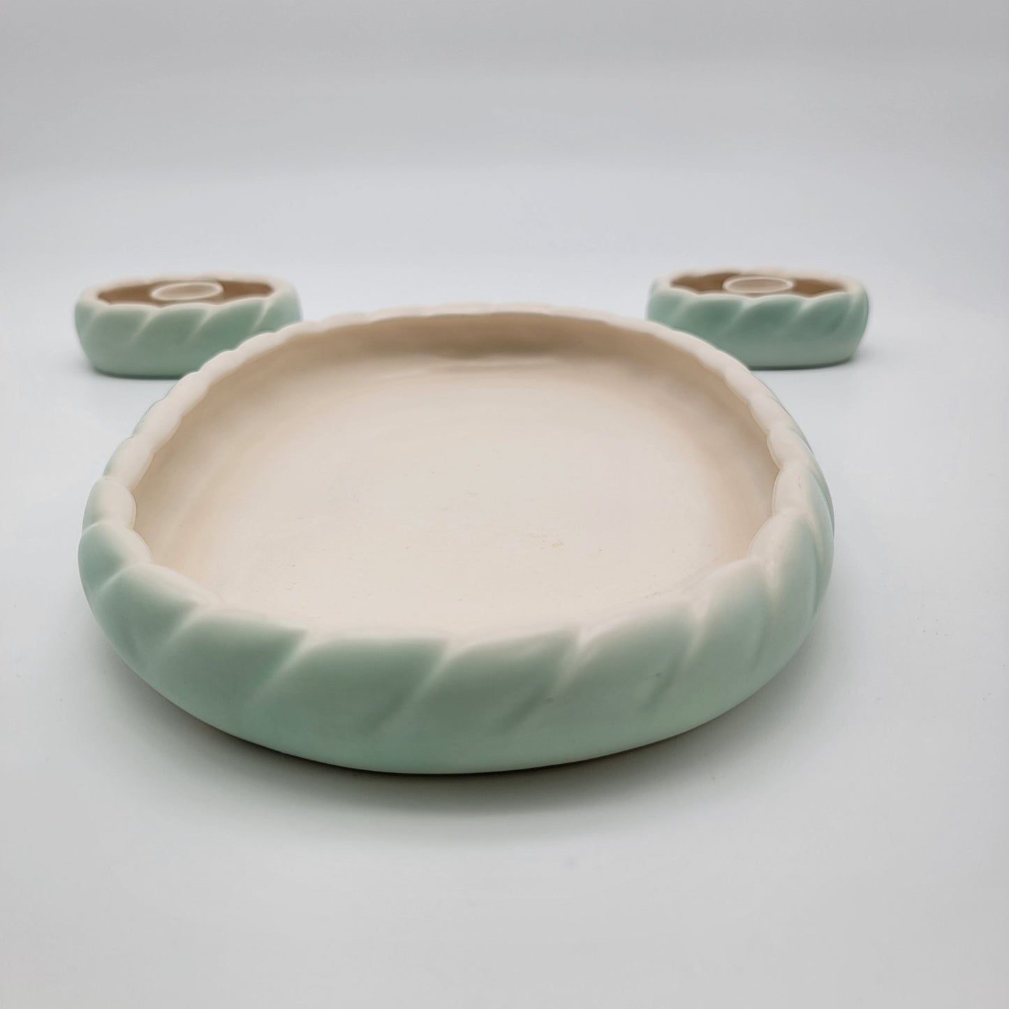 Vintage Roselane Pottery 3-Piece Console Set - Bowl/Vase & Candle Holders Mint Green & Cream