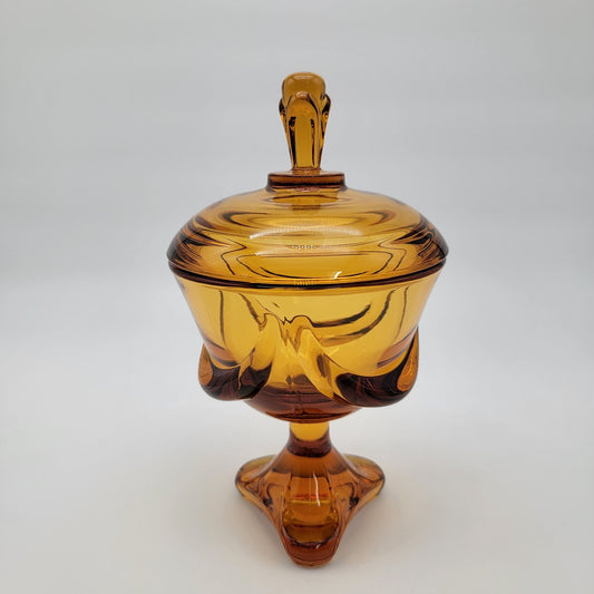 Vintage Viking Epic Draped Amber Glass Lidded Compote