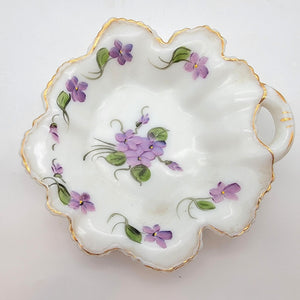 Vintage Milk Glass Leaf Nappy Candy Dish Hand Painted Violets