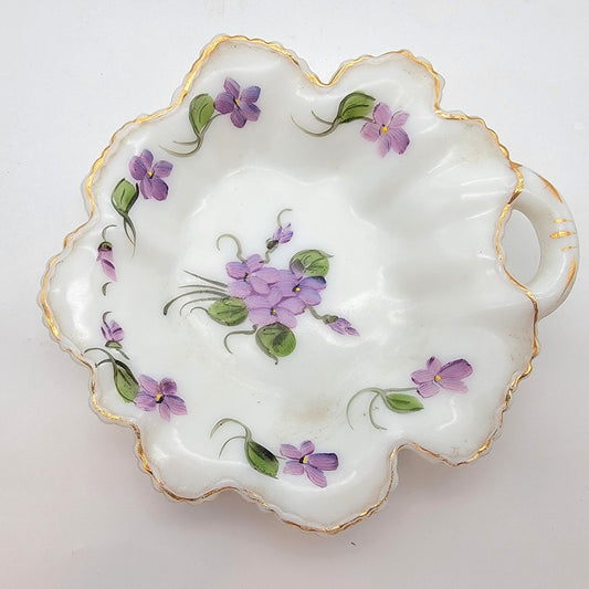 Vintage Milk Glass Leaf Nappy Candy Dish Hand Painted Violets