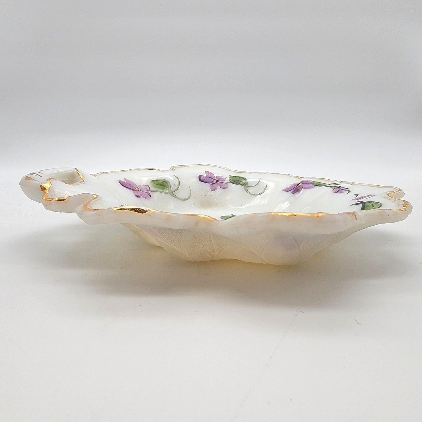 Vintage Milk Glass Leaf Nappy Candy Dish Hand Painted Violets