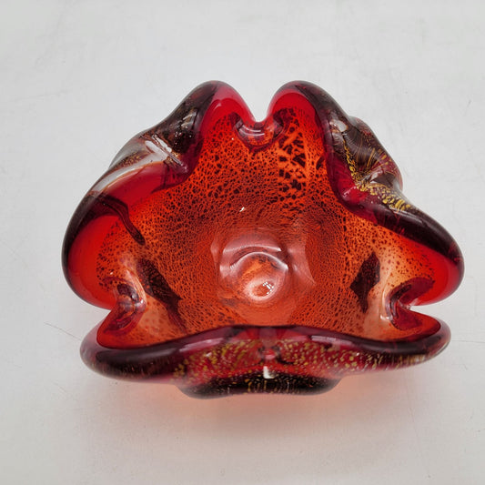 Vintage Murano Glass Ashtray Bowl Red & Gold Fleck Mid-Century Art Piece