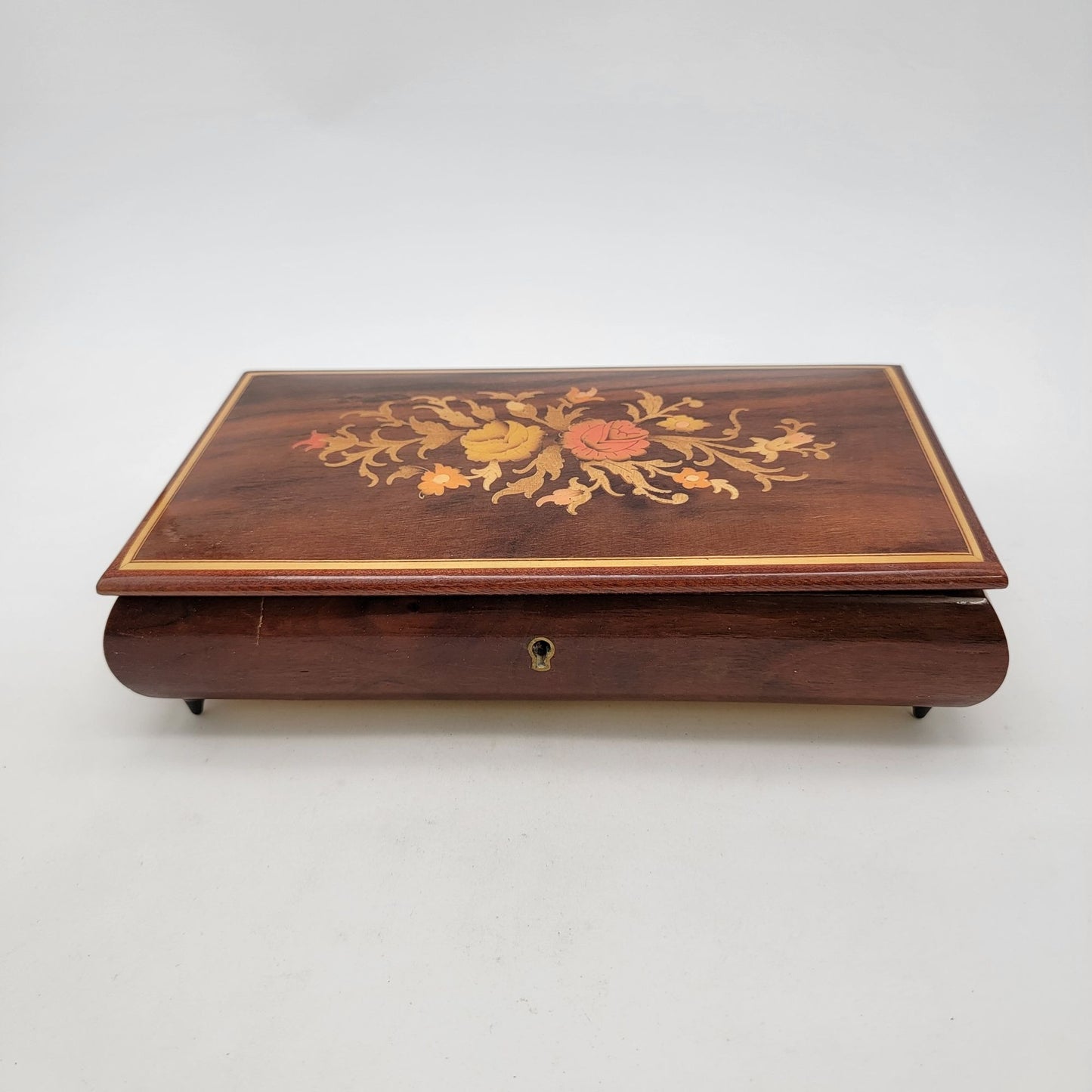 Vintage Italian Sorento Reuge Wooden Footed Floral Music Jewelry Box