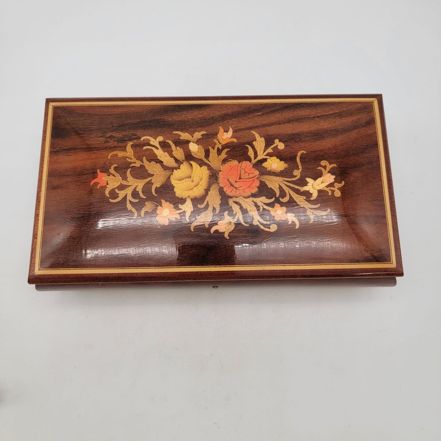 Vintage Italian Sorento Reuge Wooden Footed Floral Music Jewelry Box