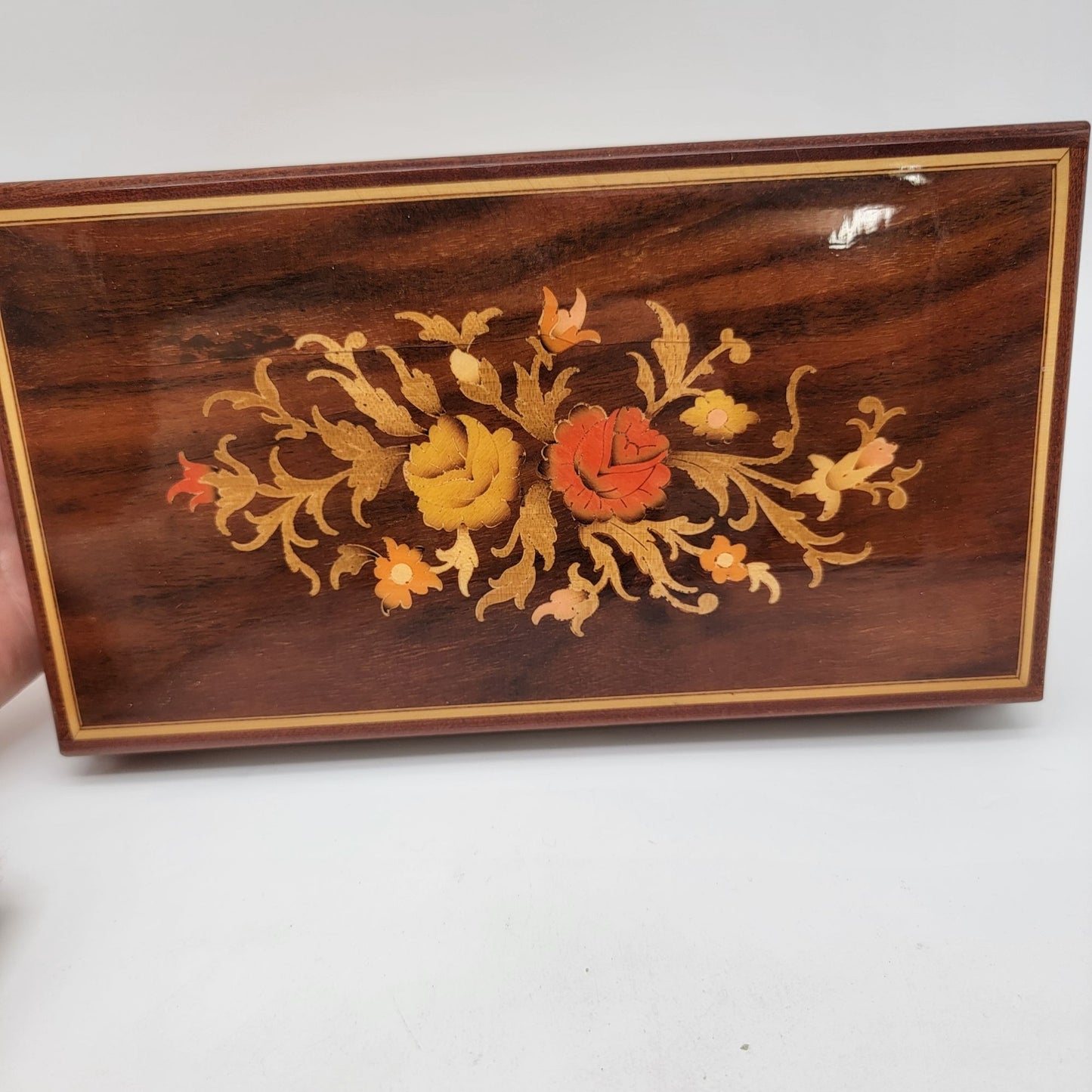 Vintage Italian Sorento Reuge Wooden Footed Floral Music Jewelry Box