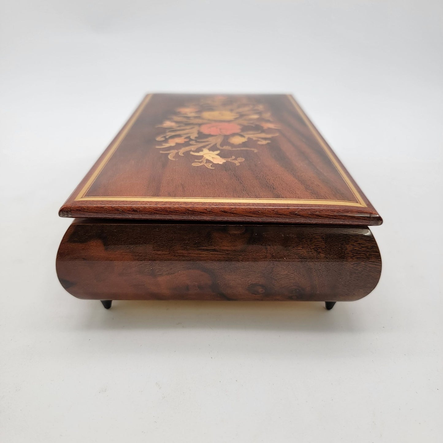 Vintage Italian Sorento Reuge Wooden Footed Floral Music Jewelry Box