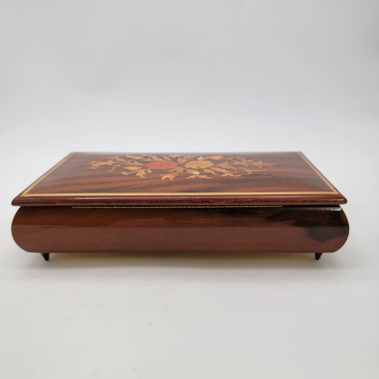 Vintage Italian Sorento Reuge Wooden Footed Floral Music Jewelry Box