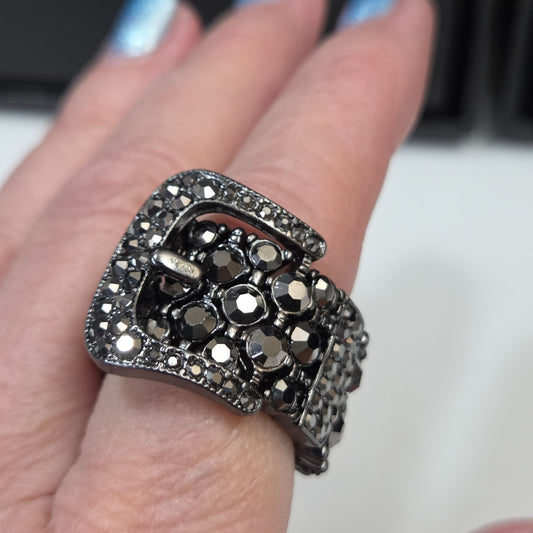 Black Marcasites & Crystal Belt Buckle Stretch Ring Size 5 3/4