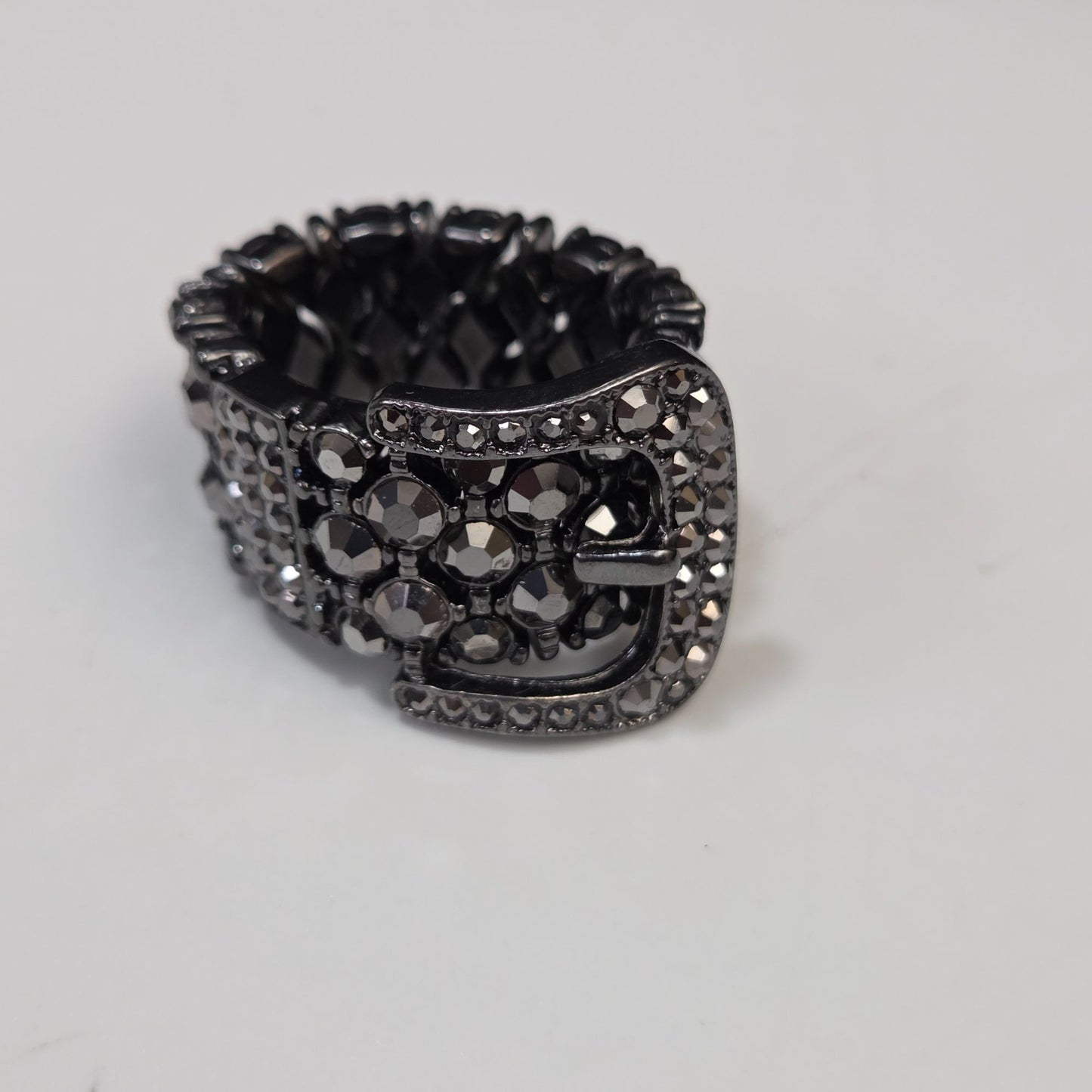 Black Marcasites & Crystal Belt Buckle Stretch Ring Size 5 3/4