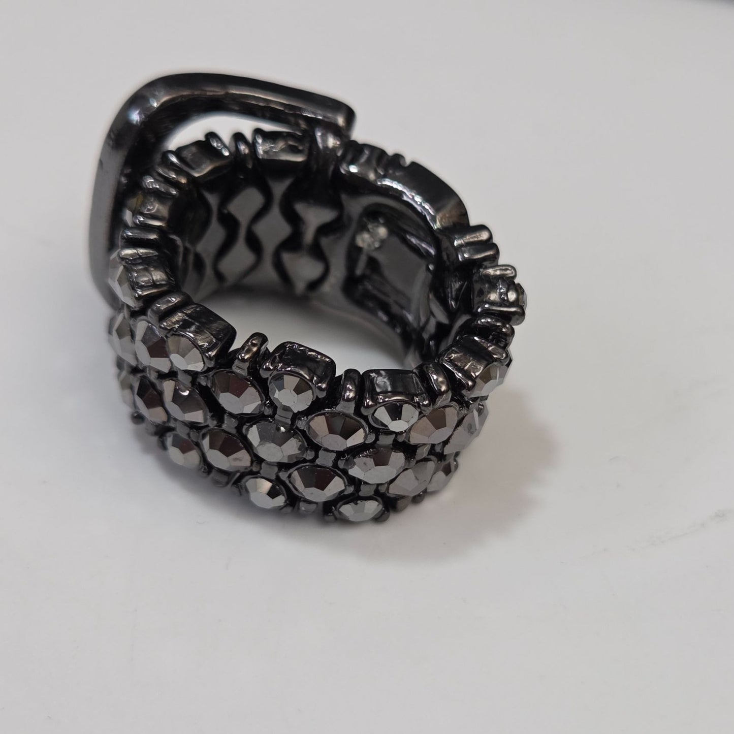 Black Marcasites & Crystal Belt Buckle Stretch Ring Size 5 3/4