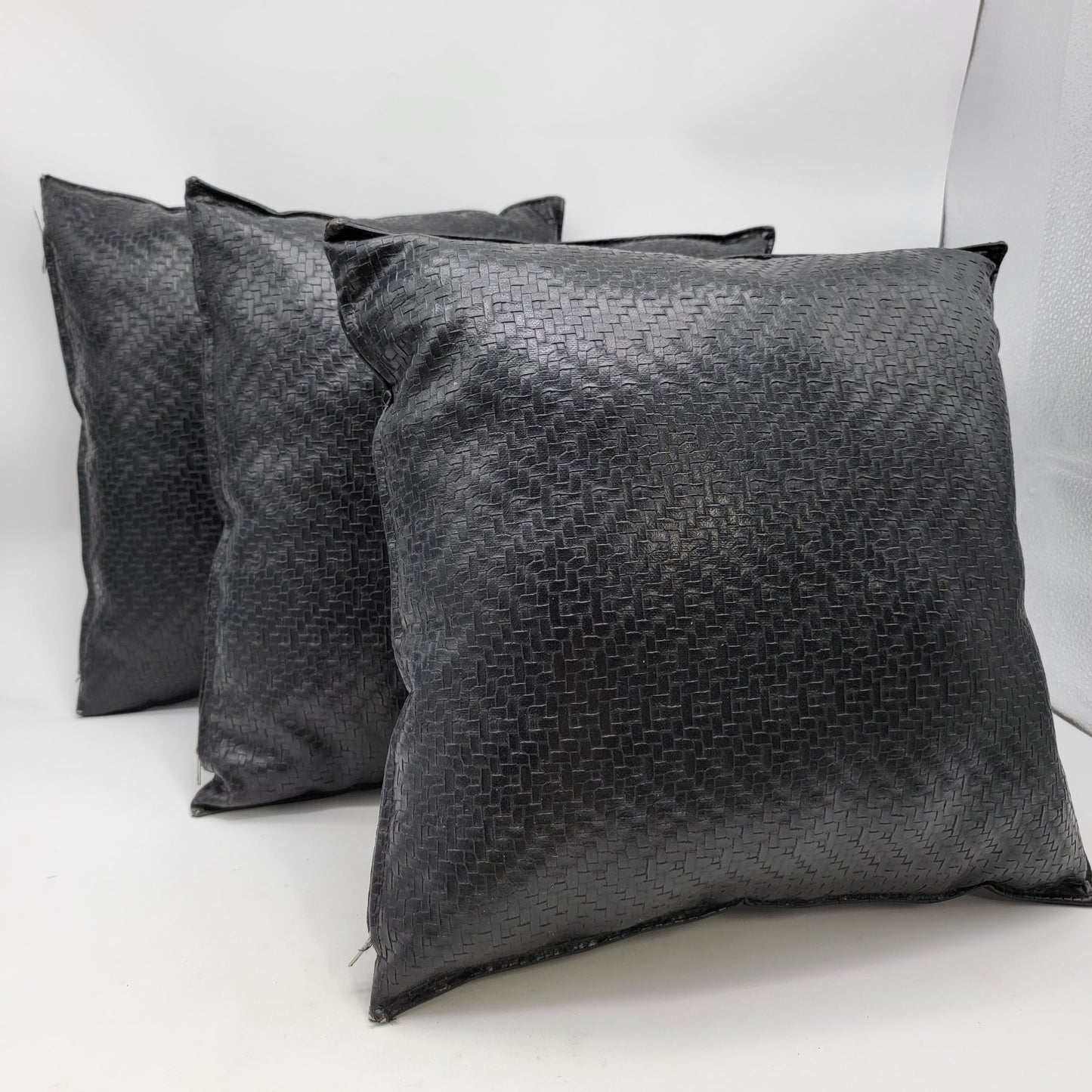 Set Of 3 Black Faux Leather Woven Decorative Throw Pillows