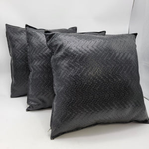 Set Of 3 Black Faux Leather Woven Decorative Throw Pillows