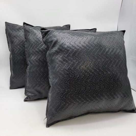 Set Of 3 Black Faux Leather Woven Decorative Throw Pillows