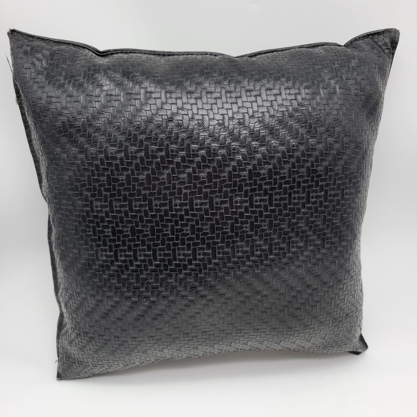 Set Of 3 Black Faux Leather Woven Decorative Throw Pillows