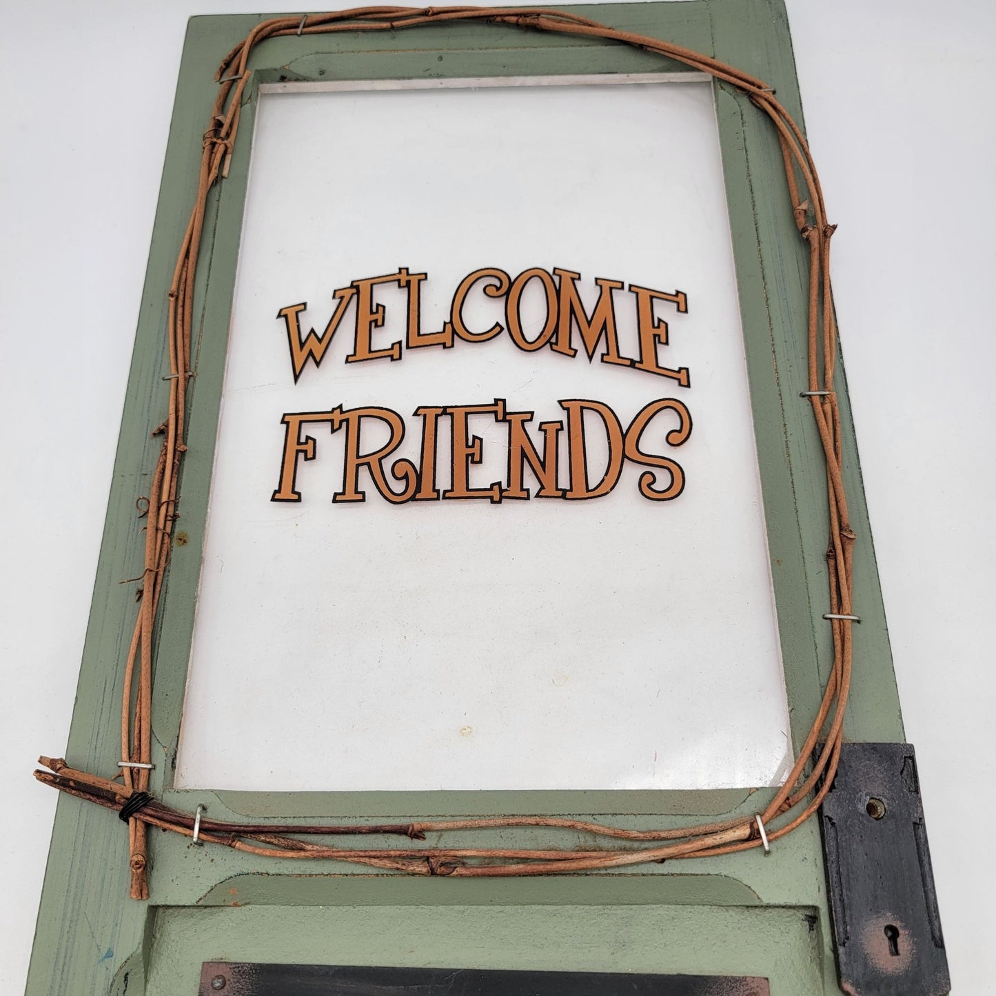 Rustic Welcome Friends Distressed Green Wooden Door Plaque Wall Decor