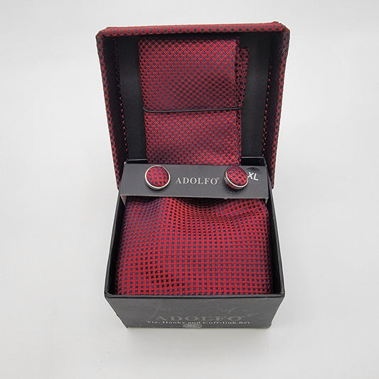 Vintage Adolfo Tie Pocket Square & Cufflink Set Burgundy Geometric