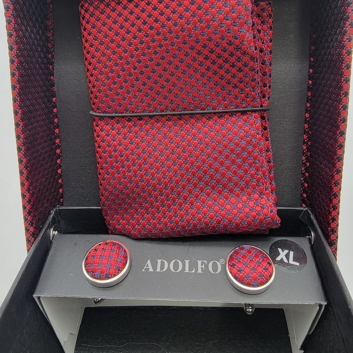 Vintage Adolfo Tie Pocket Square & Cufflink Set Burgundy Geometric