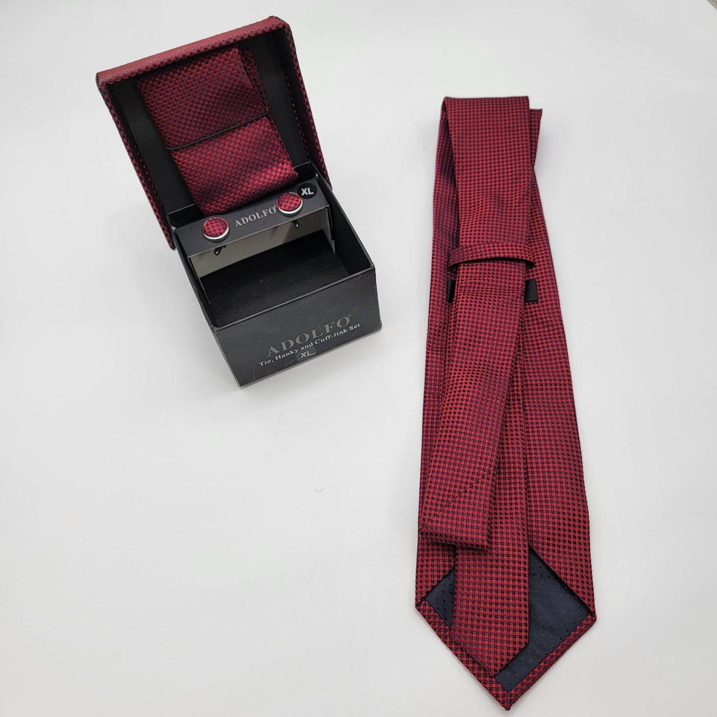 Vintage Adolfo Tie Pocket Square & Cufflink Set Burgundy Geometric