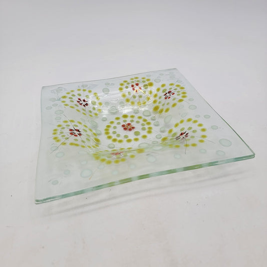 Square Fused Glass Dish With Flower Motif