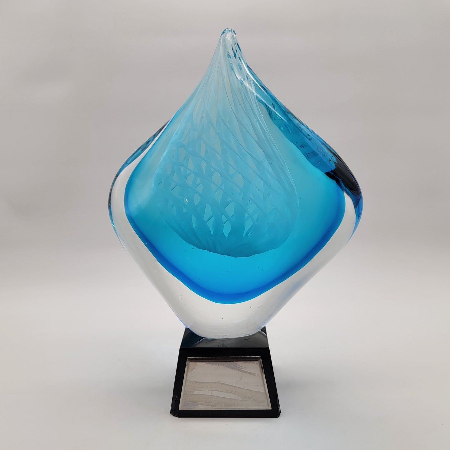Blue Flame Art Glass Trophy Sculpture On Black Base Unetched