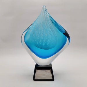Blue Flame Art Glass Trophy Sculpture On Black Base Unetched