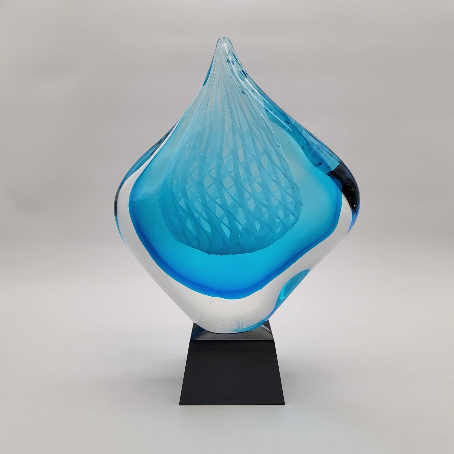 Blue Flame Art Glass Trophy Sculpture On Black Base Unetched
