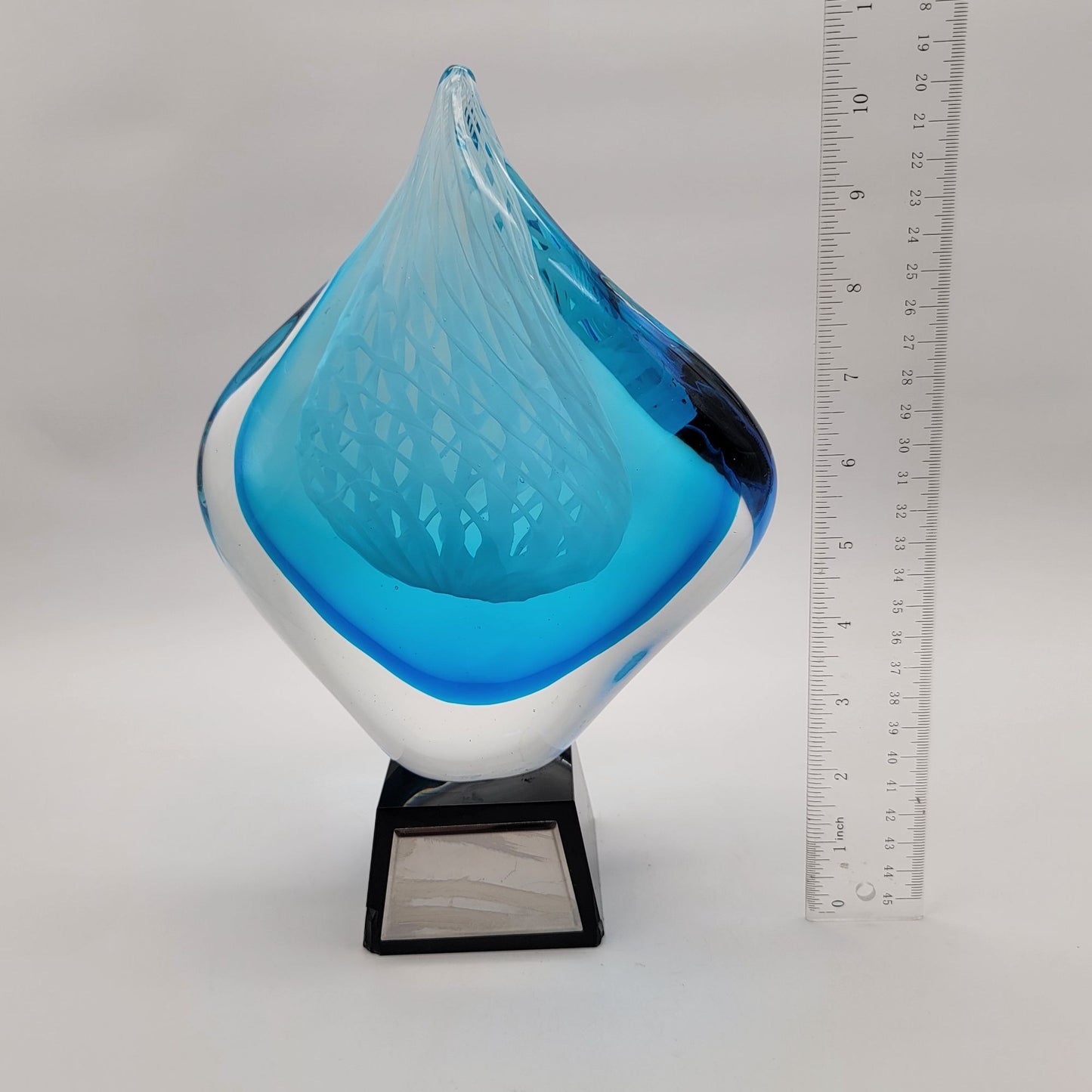 Blue Flame Art Glass Trophy Sculpture On Black Base Unetched