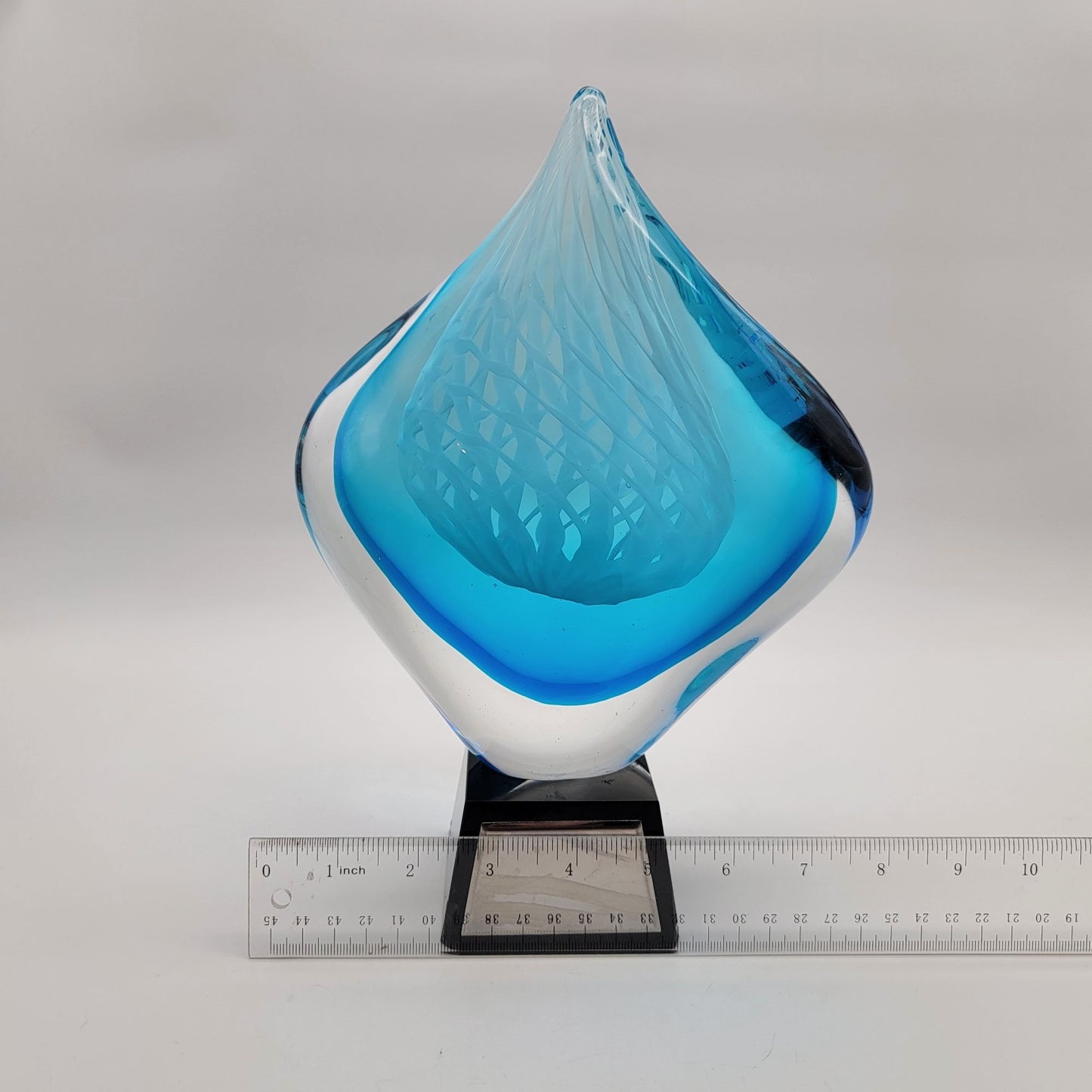 Blue Flame Art Glass Trophy Sculpture On Black Base Unetched