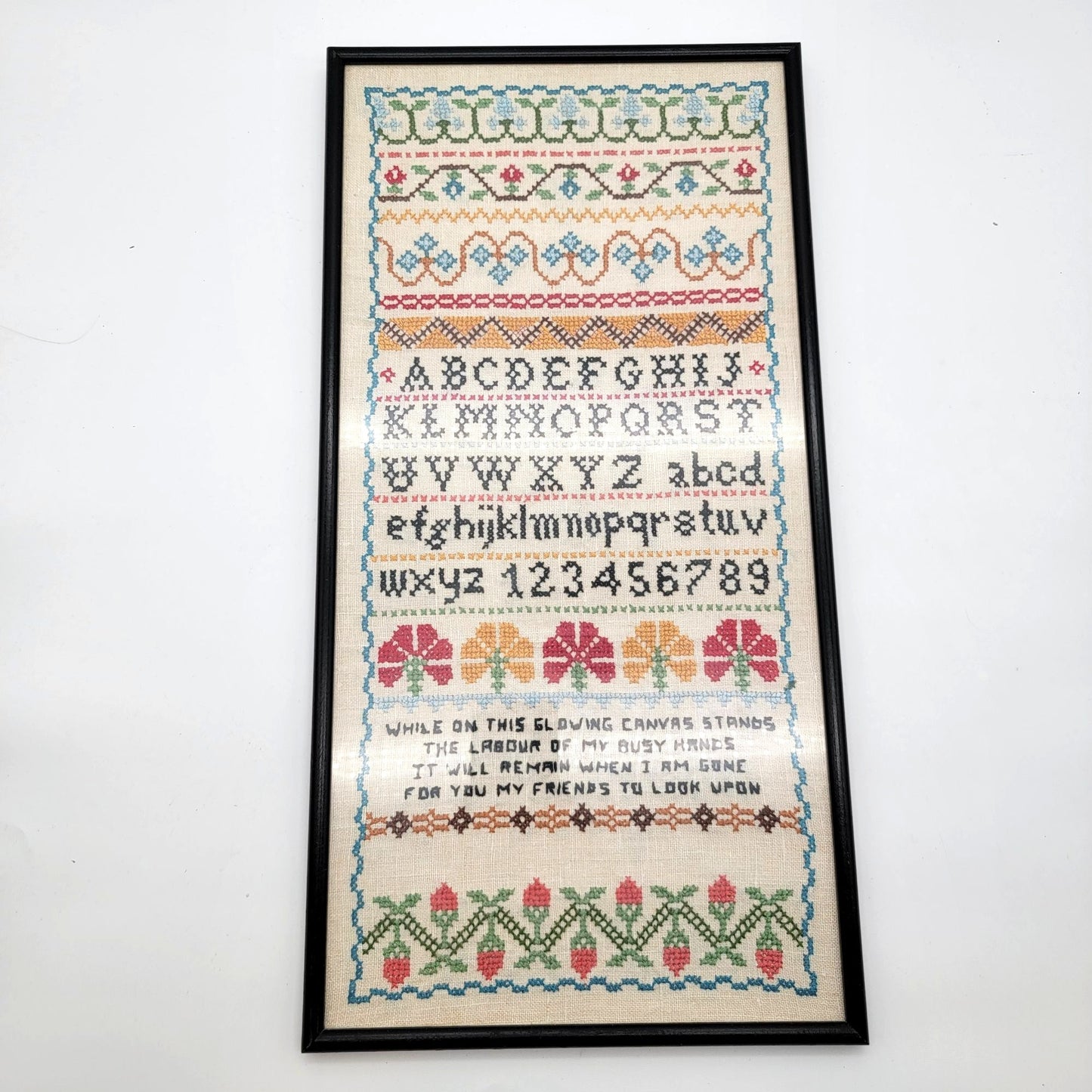 Vintage Cross-Stitch Alphabet Needlework Sampler Framed