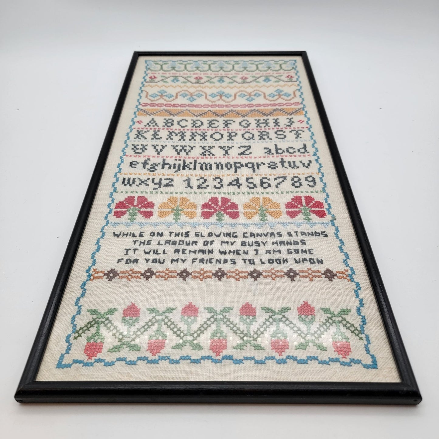 Vintage Cross-Stitch Alphabet Needlework Sampler Framed