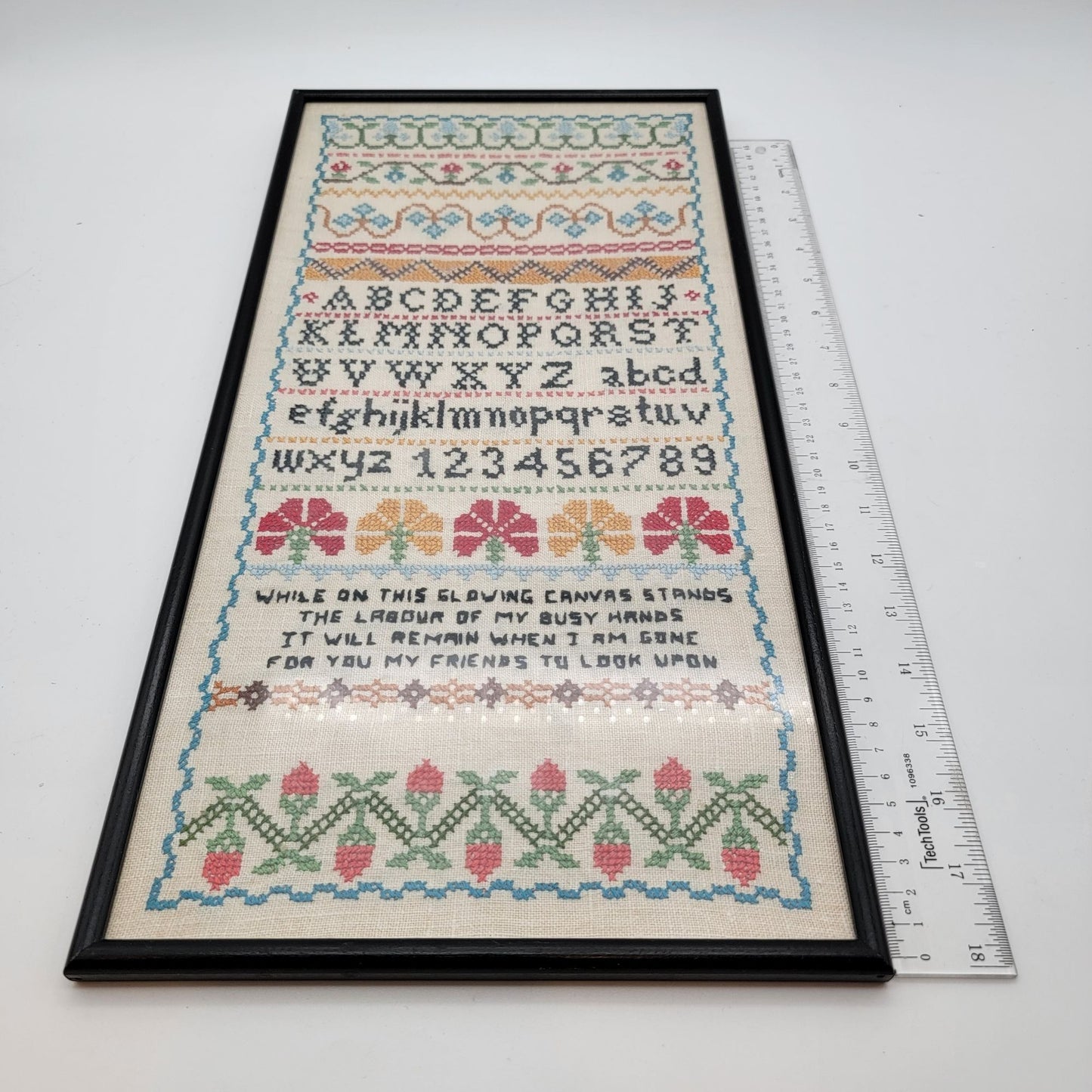 Vintage Cross-Stitch Alphabet Needlework Sampler Framed