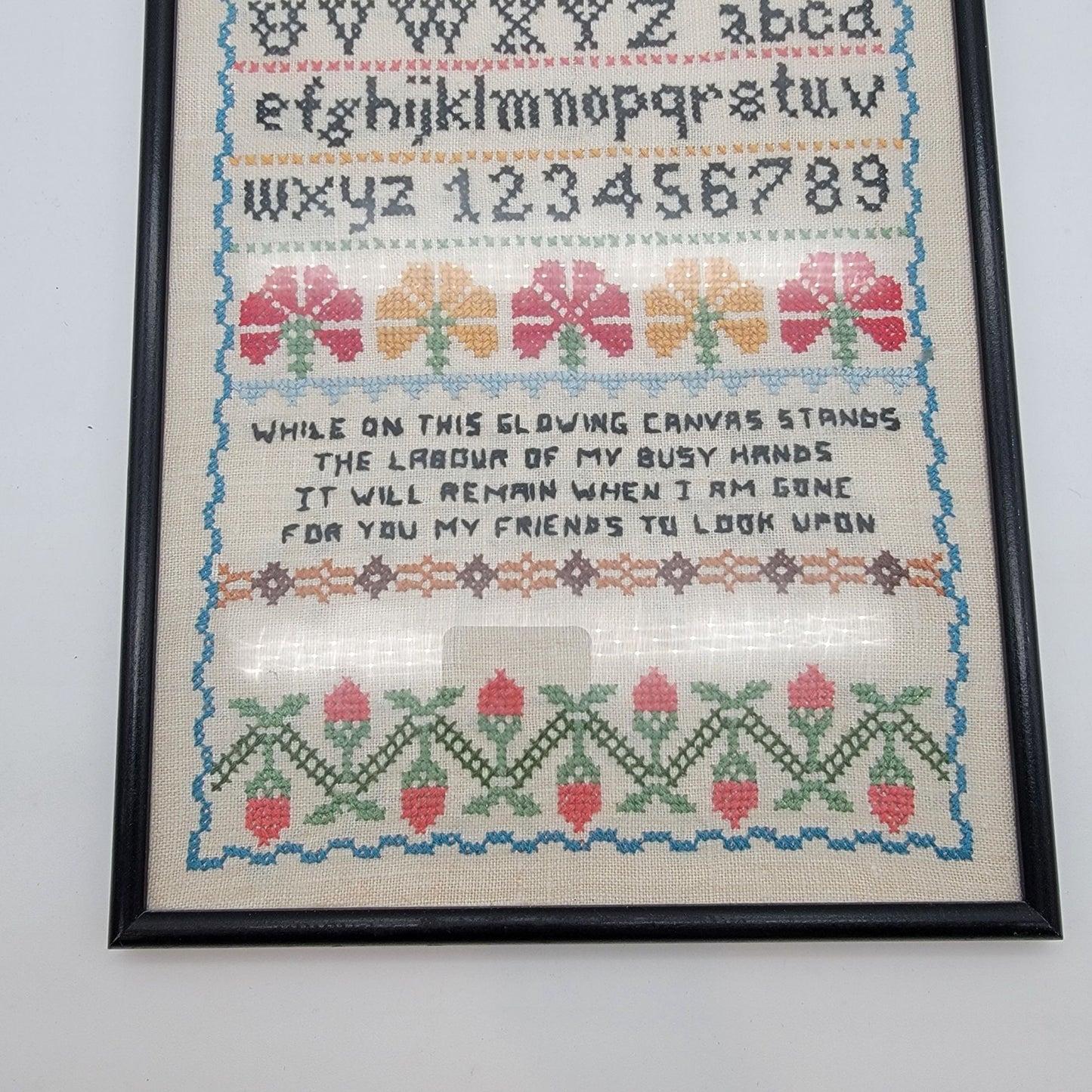 Vintage Cross-Stitch Alphabet Needlework Sampler Framed