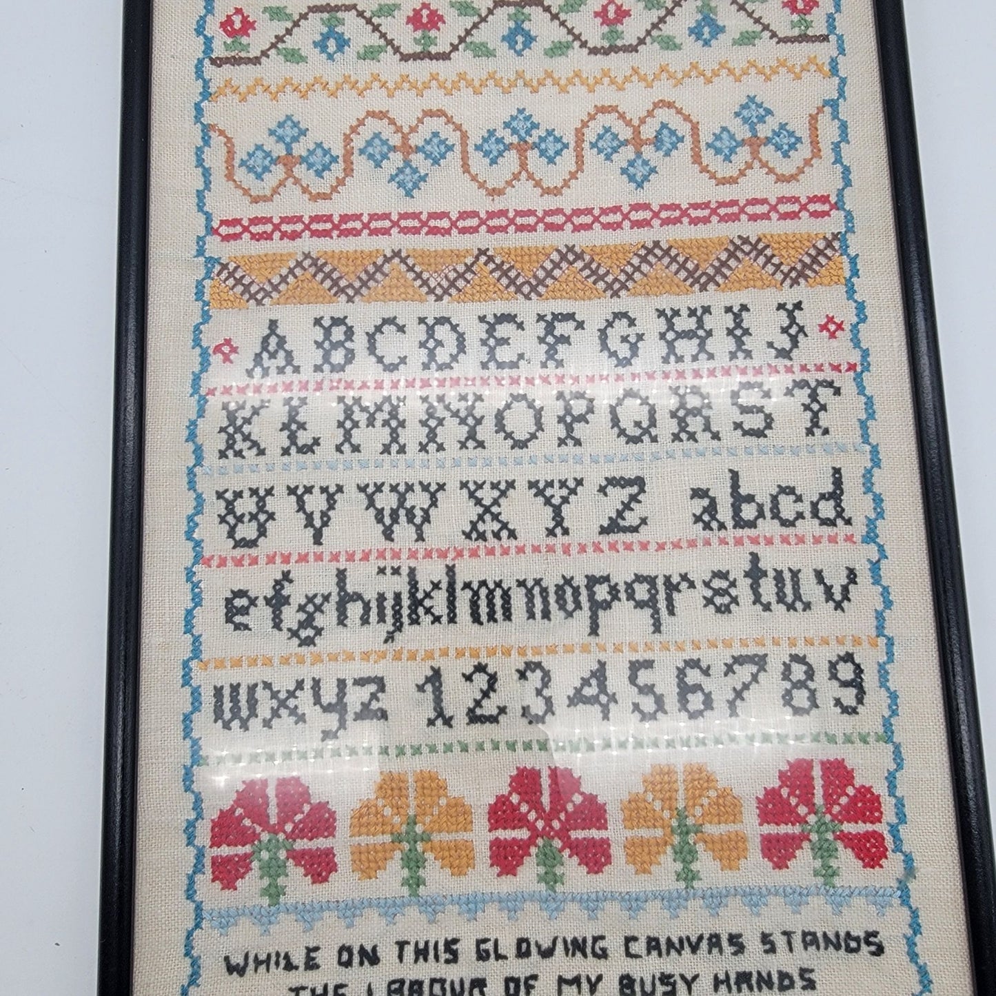 Vintage Cross-Stitch Alphabet Needlework Sampler Framed