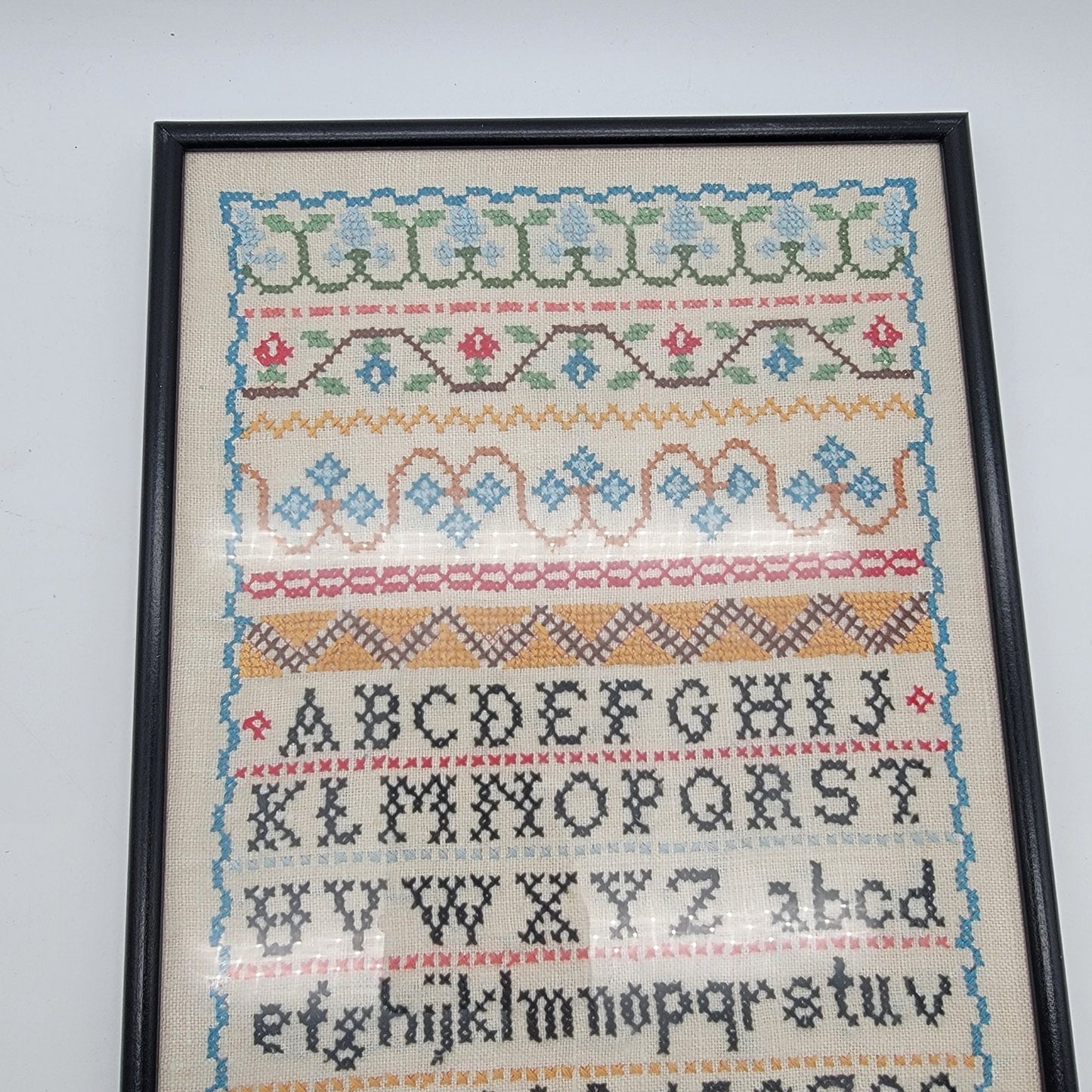 Vintage Cross-Stitch Alphabet Needlework Sampler Framed