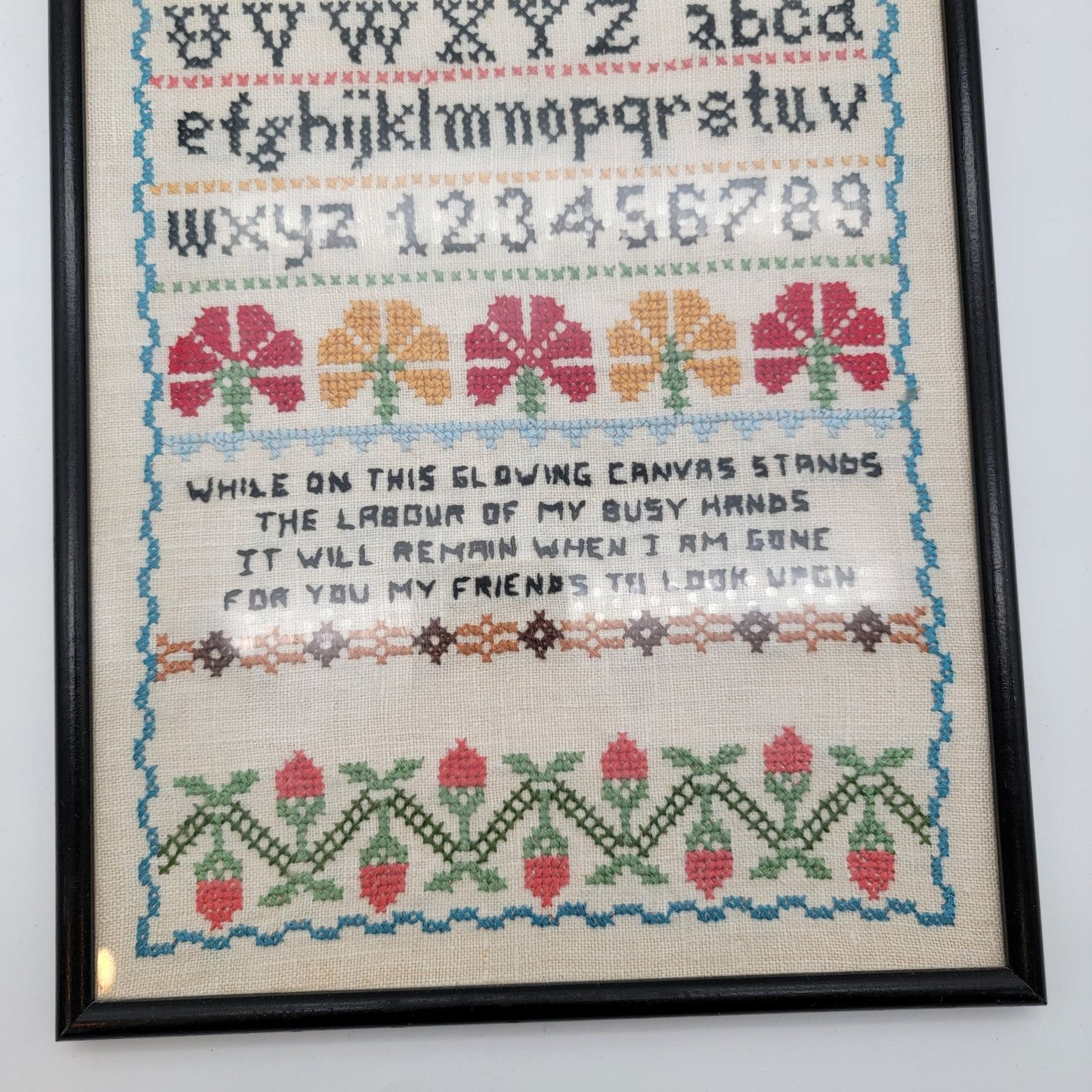 Vintage Cross-Stitch Alphabet Needlework Sampler Framed