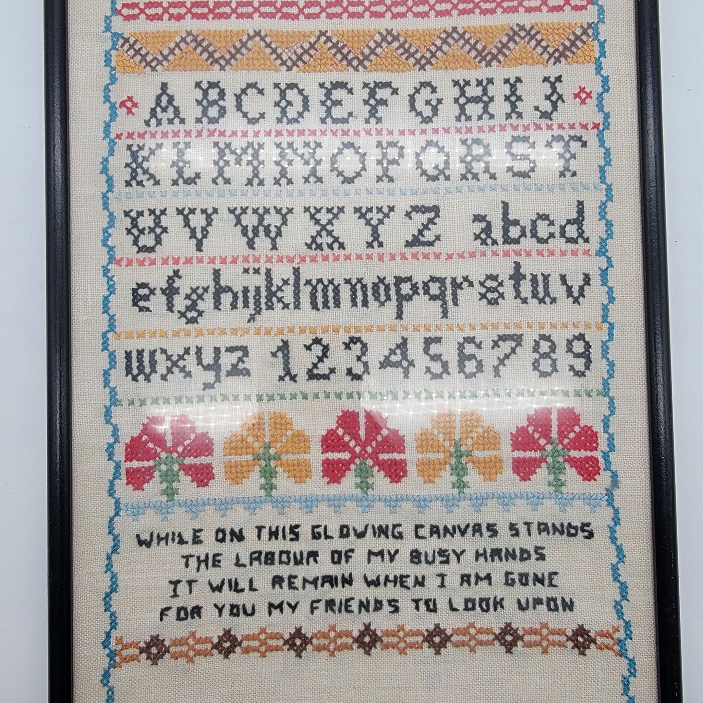 Vintage Cross-Stitch Alphabet Needlework Sampler Framed