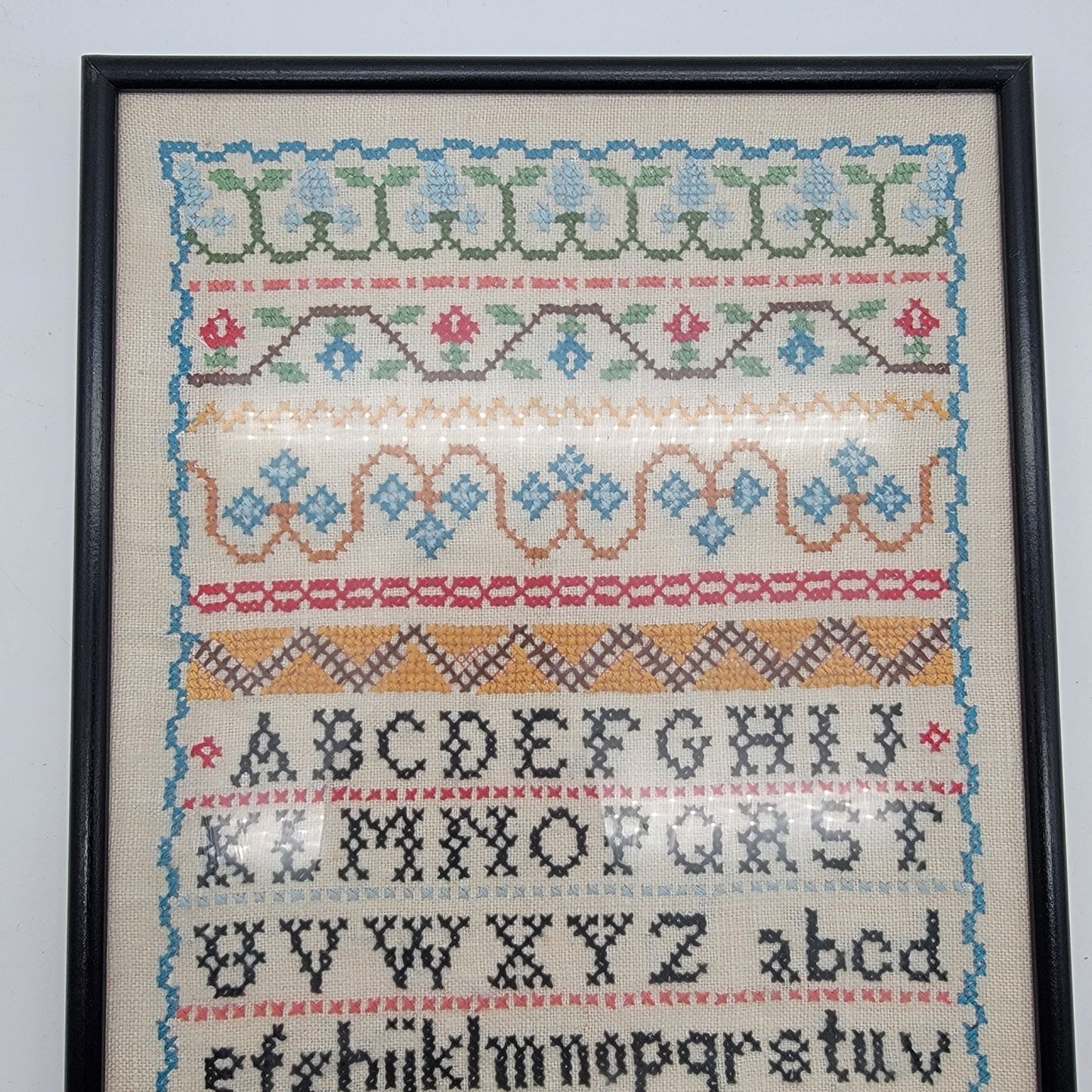 Vintage Cross-Stitch Alphabet Needlework Sampler Framed