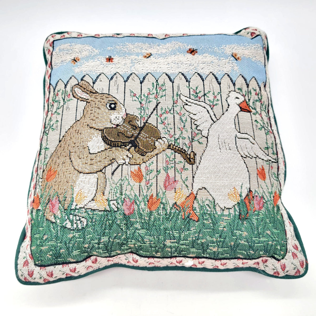Rabbit & Goose Playing Violin Tapestry Throw Pillow 12"x12"