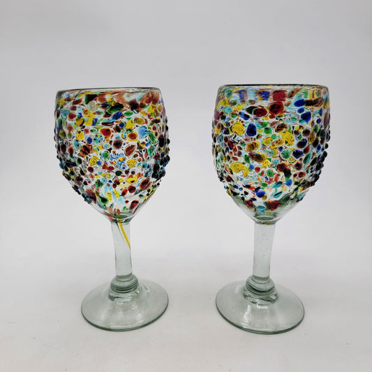 Hand Blown Mexican Confetti Art Glass Wine Glasses Set Of 2