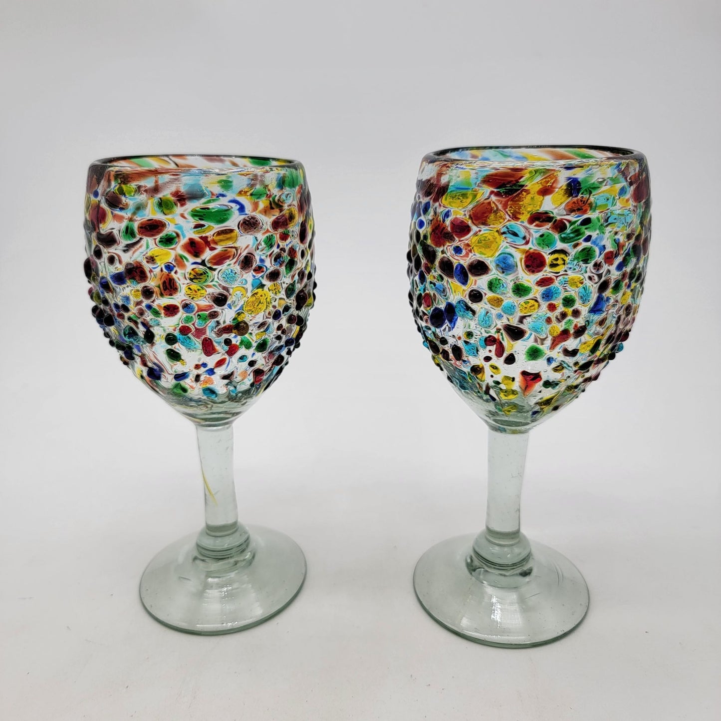 Hand Blown Mexican Confetti Art Glass Wine Glasses Set Of 2