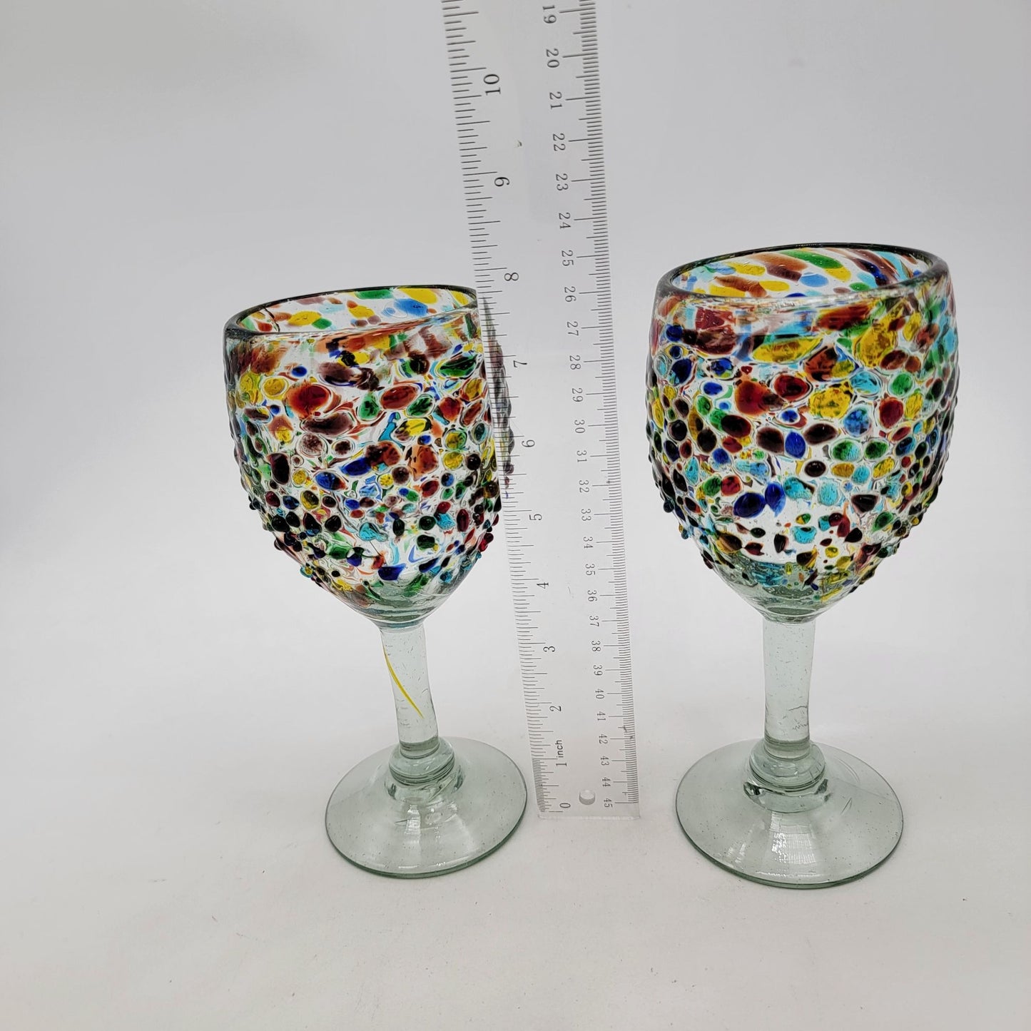 Hand Blown Mexican Confetti Art Glass Wine Glasses Set Of 2