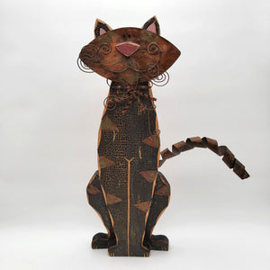 Vintage Rustic Folk Art Wood & Metal Cat Figurine