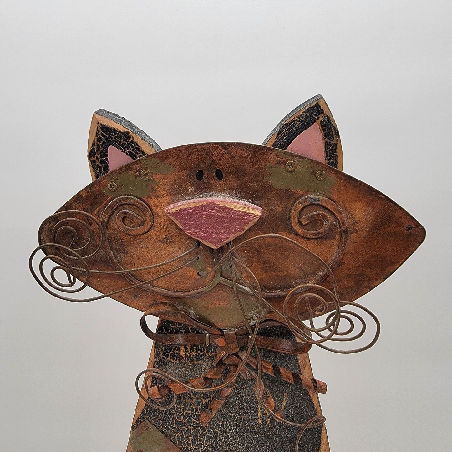 Vintage Rustic Folk Art Wood & Metal Cat Figurine