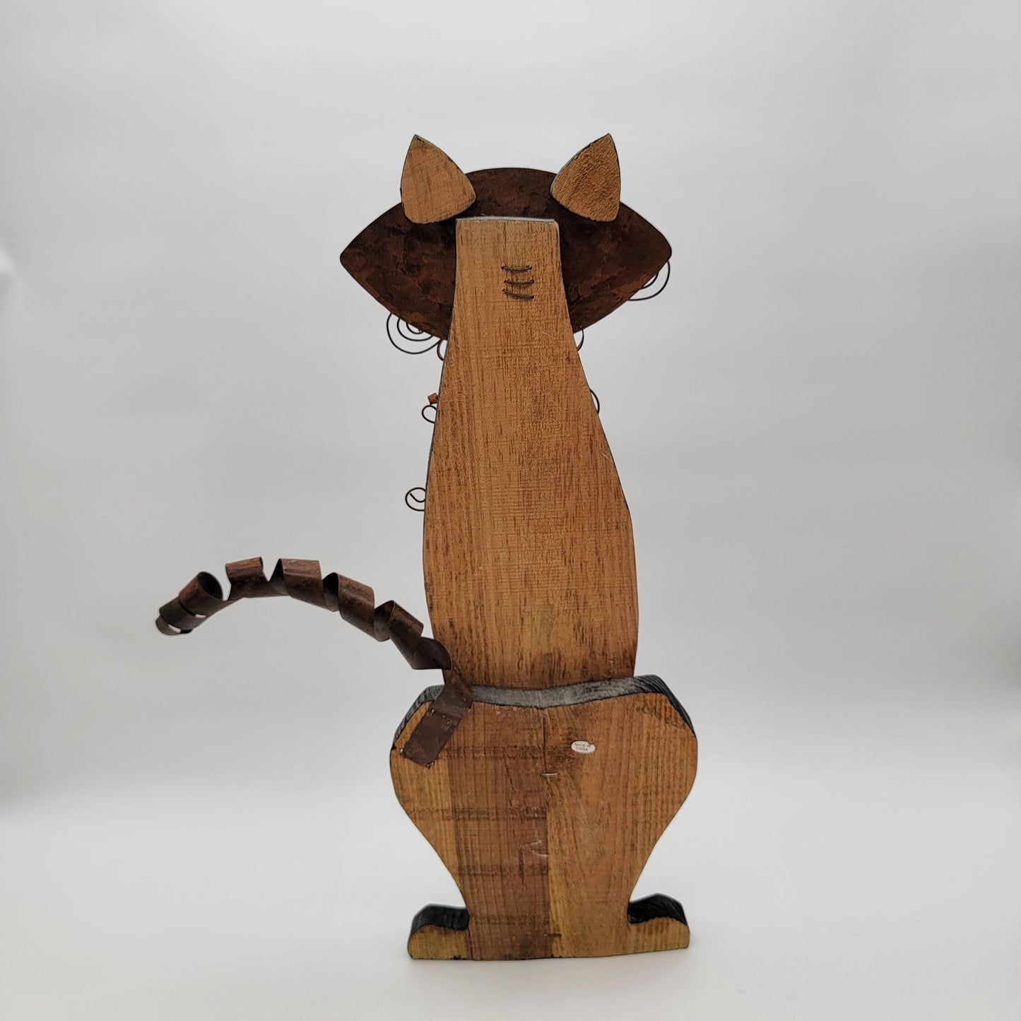 Vintage Rustic Folk Art Wood & Metal Cat Figurine