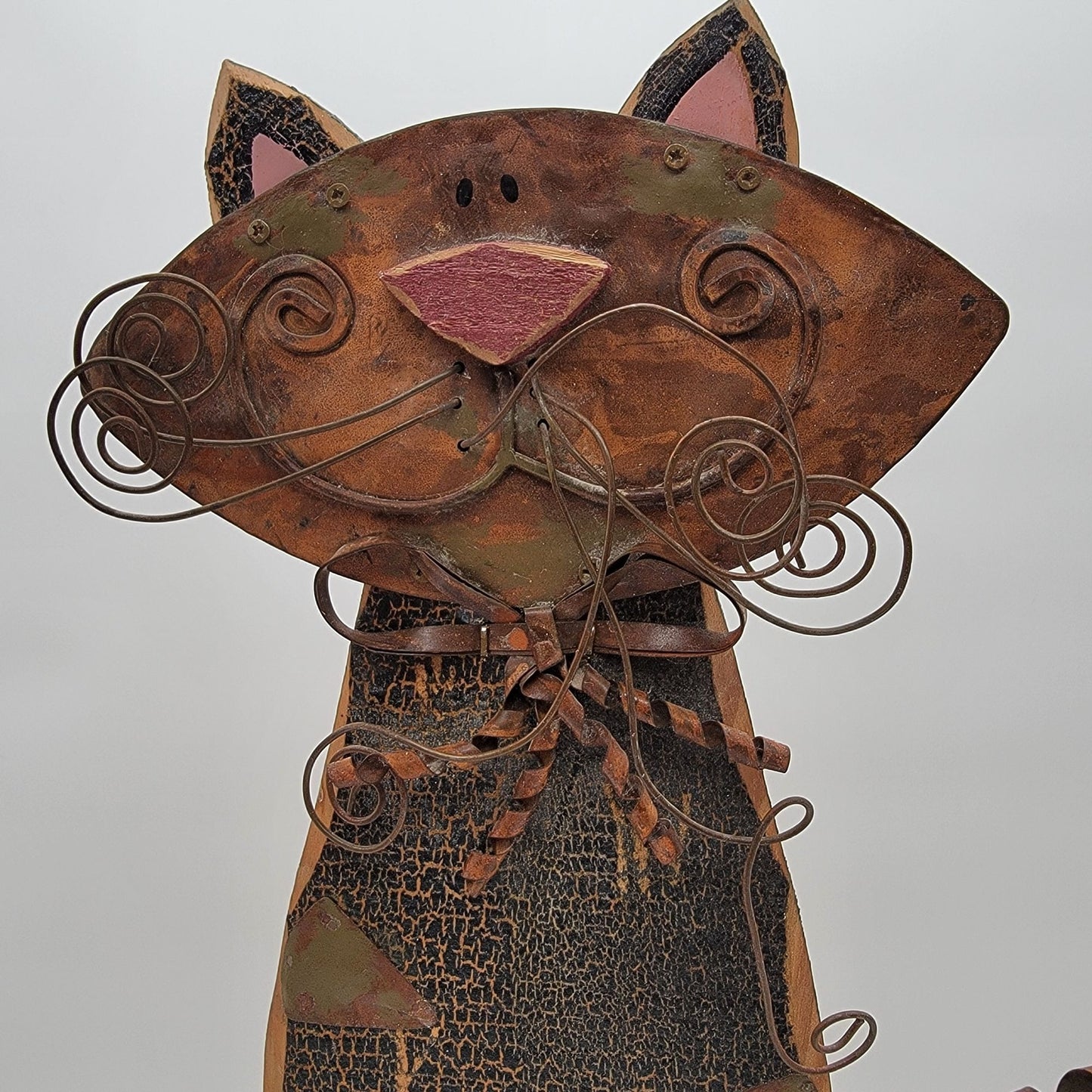 Vintage Rustic Folk Art Wood & Metal Cat Figurine